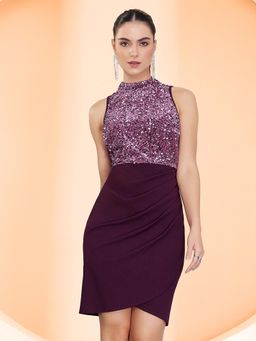 Miss Chase - Womens Dark Wine Sleeveless Embellished Pleated Mini Dress