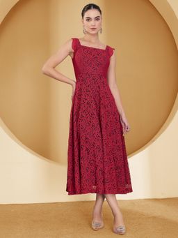 Miss Chase - Womens Maroon Sleeveless Self-Designed Ruffled Midi Lace Dress