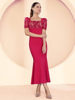 Miss Chase - Women's Dark Pink Square Puff Sleeve Lace Overlaid Dress