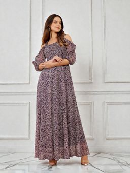 Miss Chase - Womens Multicolored Base Purple Sweetheart Cold Shoulder Ruched Maxi Dress