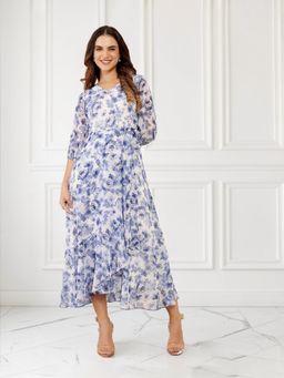 Miss Chase - Women's Multicolored-Base-White Three-Quarter Sleeve Wrap Midi Dress