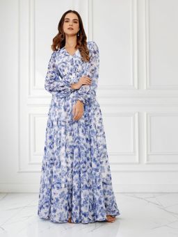 Miss Chase - Women's Multicolored Base White Full Sleeve Gathered Maxi Dress