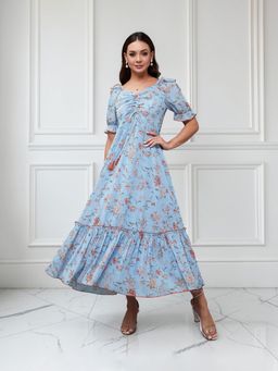 Miss Chase - Women's Multicolored-Base-Powder Blue Puff Sleeve Maxi Dress