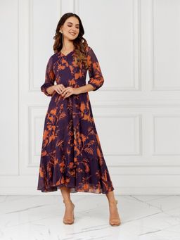 Miss Chase - Women's Multicolored-Base-Purple Three-Quarter Sleeve Wrap Midi Dress