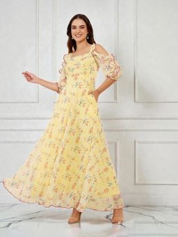 Miss Chase - Womens Multicolored Base Lime Yellow Cold Shoulder Ruched Maxi Dress