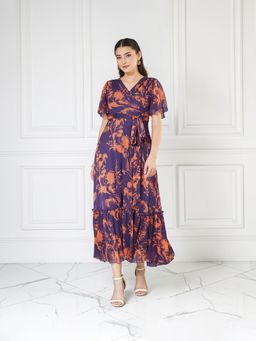 Miss Chase - Women's Orange And Purple Wrap Maxi Dress With Flutter Sleeves And Frilled Hem