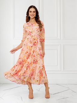 Miss Chase - Womens Pink And Orange V-Neck Bishop Floral Layered Chiffon Maxi Dress