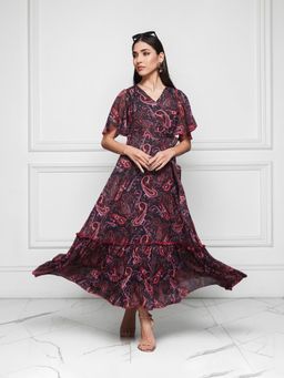 Miss Chase - Women's Multi-Color-Base-Black Flutter Sleeve Relaxed Fit Wrap Maxi Dress