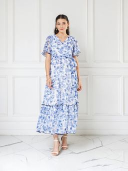 Miss Chase - Women's Multicolored Wrap Maxi Dress With White Base And Flutter Sleeves