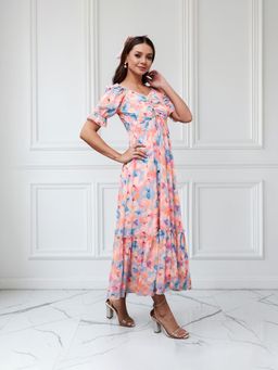 Miss Chase - Women's Multi-Color-Base-Sky Blue Puff Sleeve Ruching Maxi Dress