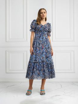 Miss Chase - Women's Multicolored-Base-Navy Blue Puff Sleeve Ruching Dress