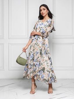 Miss Chase - Women's Multicolored-Base-Off White Three-Quarter Sleeve Wrap Maxi Dress