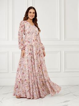 Miss Chase - Womens Multicolored Base Pink Smocked Bishop Sleeve Gathered Maxi Dress