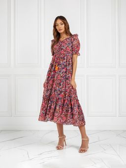 Miss Chase - Women's Multi-Color-Base-Wine Puff Sleeve Ruching Dress