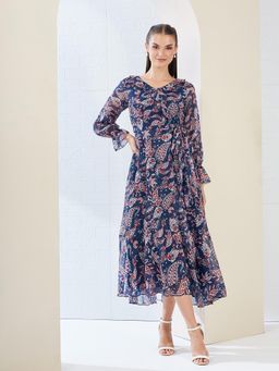 Miss Chase - Women's Multicolored-Base-Navy Blue V Neck Relaxed Fit Midi Length Dress