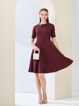 Miss Chase - Women's Maroon Collared Half Sleeve Solid Knee-Long Skater Dress