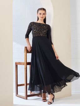 Miss Chase - Women's Black Georgette Fit And Flare Maxi Length Dress