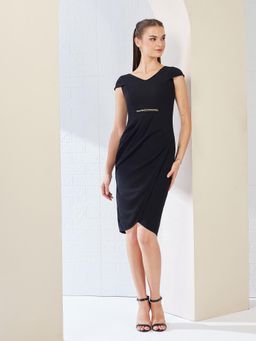 Miss Chase - Women's Black Solid V Neck Cap Sleeves Polyester Knee Long Dress
