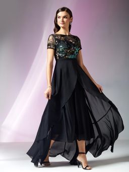 Miss Chase - Women's Multicolored Base Black Boat Neck Short Sleeve Maxi Dress