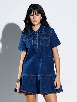 Miss Chase - Women's Navy Blue Collar Neck Half Sleeve Solid Dress Mini Denim Dress