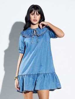 Miss Chase - Women's Mid Blue Puff Sleeves Solid A-Line Mini Denim Dress