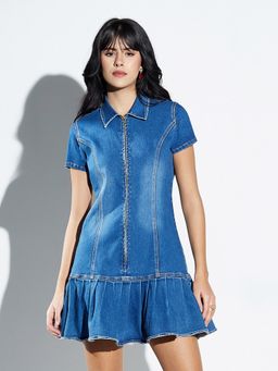 Miss Chase - Women's Mid Blue Collar Neck Short Sleeves Solid Mini Denim Dress