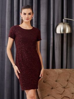 Miss Chase - Women's Wine Round Neck Half Sleeve Self Design Bodycon Mini Dress