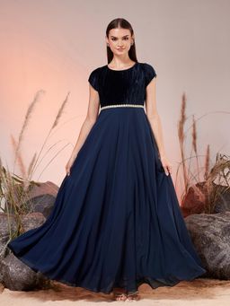 Miss Chase - Women’S Navy Blue Round Neck Short Sleeve Solid Fit And Flare Maxi Dress