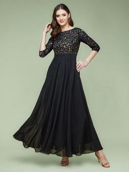 Miss Chase - Women's Black Sleeves Side Pocketed Fit And Flare Maxi Length Dress