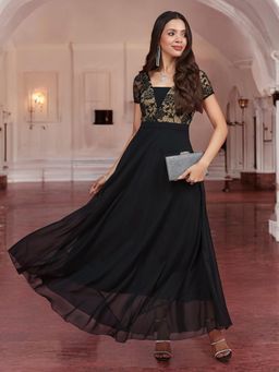 Miss Chase - Women's Black V Neck Raglan Short Sleeve Lace Overlaid Maxi Dress