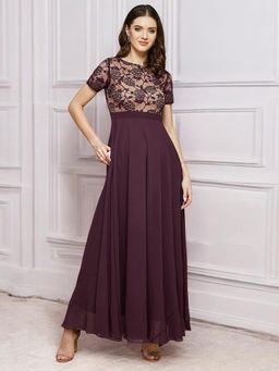 Miss Chase - Women's Wine And Beige Relaxed Fit Regular Georgette Dress