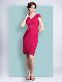 Miss Chase - Women's Pink Solid V Neck Cap Sleeves Side Pocketed Knee Long Dress