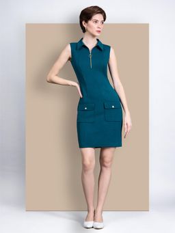 Miss Chase - Women's Solid Teal Sleeveless Collared Bodycon Mini Polyester Dress