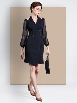 Miss Chase - Women's Black Shawl Collar Bishop Sleeves Knee Length Dress