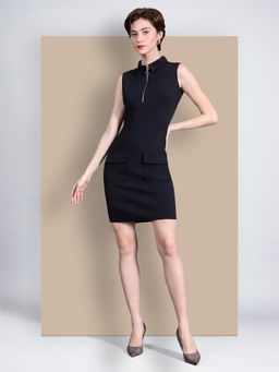 Miss Chase - Women's Black Collared Sleeveless Polyester Solid Bodycon Mini Dress