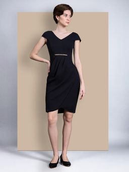 Miss Chase - Women's Black Solid V Neck Cap Sleeves Side Pocketed Knee Long Dress