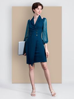 Miss Chase - Women's Teal Shawl Collar Solid Double Breasted Knee Length Dress