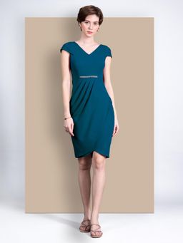 Miss Chase - Women's Teal V-Neck Cap Sleeve Solid Wrapped Polyester Knee-Long Dress