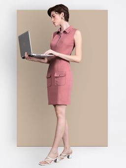 Miss Chase - Women's Solid Dusty-Pink Sleeveless Collared Bodycon Mini Dress
