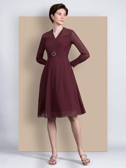 Miss Chase - Women's Wine V-Neck Full Sleeve Solid Fit And Flare Knee Length Dress