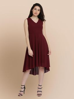 Miss Chase - Women's Wine Red V-Neck Sleeveless Solid High-Low Knee Length Skater Dress