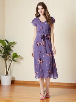 Miss Chase - Women's Purple Short Sleeved Floral Pleated Midi Dress