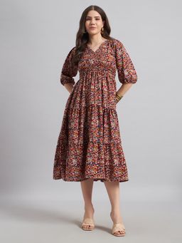 Femvy - Brown New Designer Printed Crepe Dress For Women