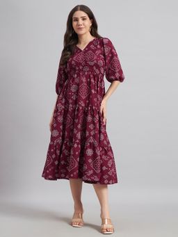 Femvy - Wine New Designer Printed Crepe Dress For Women