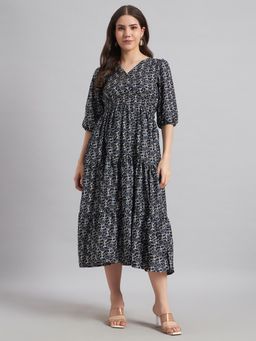 Femvy - Black New Designer Printed Crepe Dress For Women