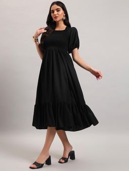 Femvy - Black New Designer Women Printed Smocked Midi Dress With Puff Sleeves And Ruffle Hem