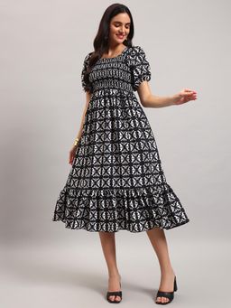 Femvy - Black New Designer Women Printed Smocked Midi Dress With Puff Sleeves And Ruffle Hem