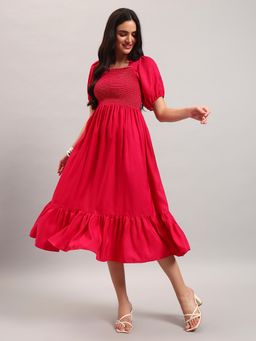 Femvy - Red New Designer Women Printed Smocked Midi Dress With Puff Sleeves And Ruffle Hem