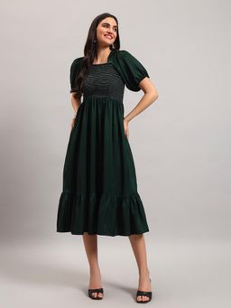 Femvy - Green New Designer Women Printed Smocked Midi Dress With Puff Sleeves And Ruffle Hem