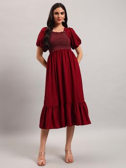 Femvy - Maroon New Designer Women Printed Smocked Midi Dress With Puff Sleeves And Ruffle Hem